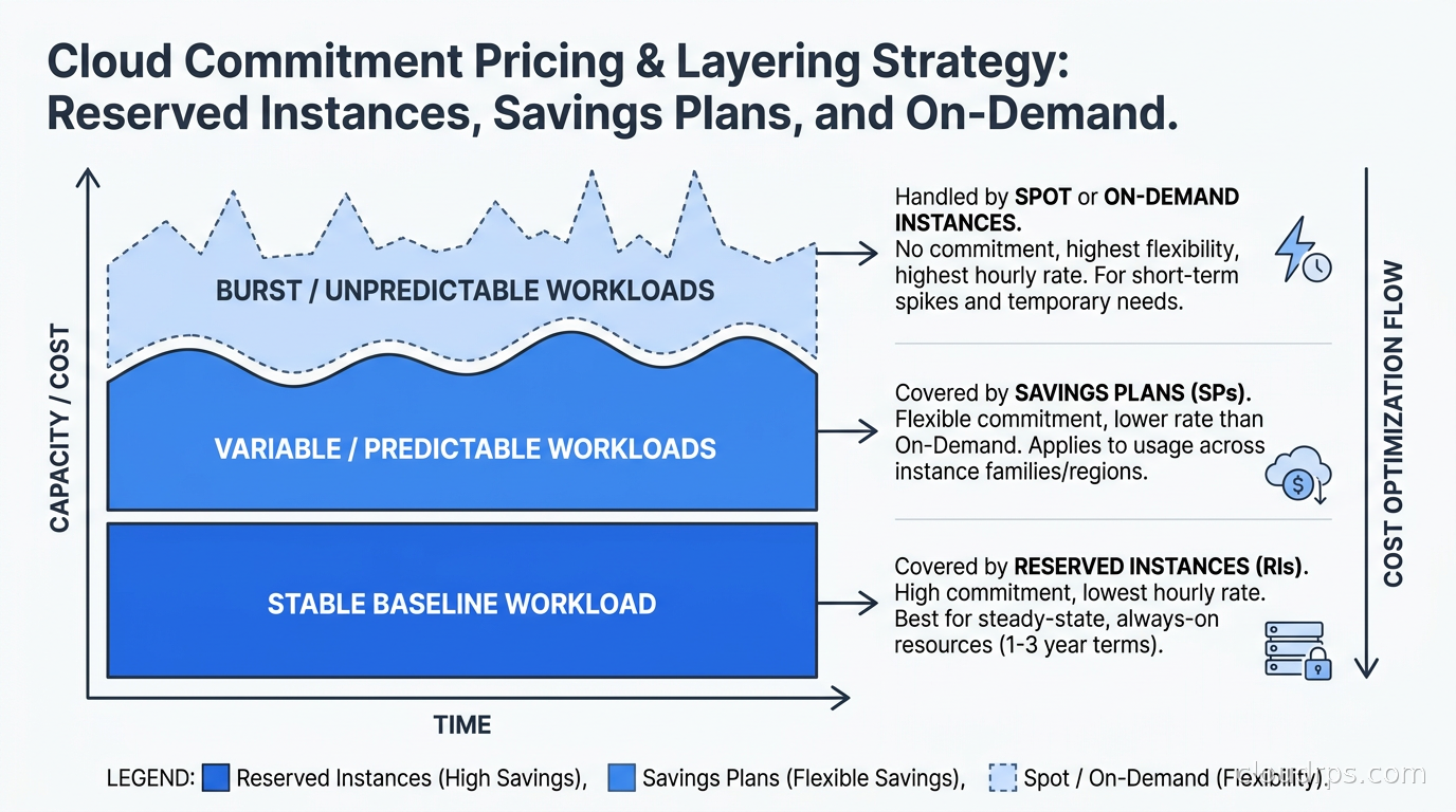 Layered commitment coverage strategy: stable baseline covered by Reserved Instances, variable workloads covered by Savings Plans, burst handled by Spot or On-Demand