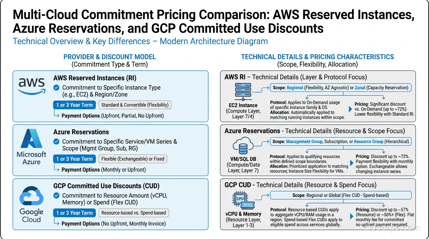 Multi-cloud commitment pricing comparison across AWS Reserved Instances, Azure Reservations, and GCP Committed Use Discounts