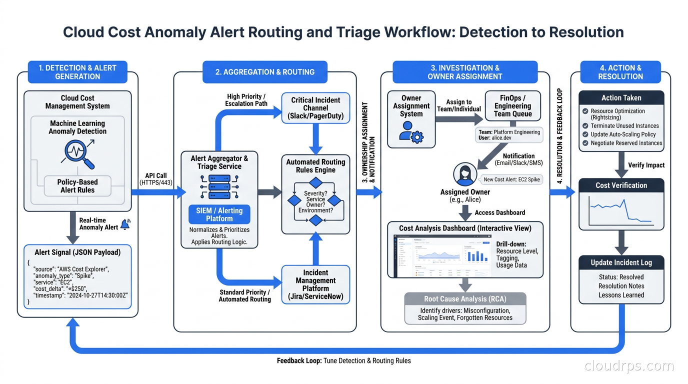 Alert routing and triage workflow for cloud cost anomalies showing the path from detection through ownership assignment to resolution