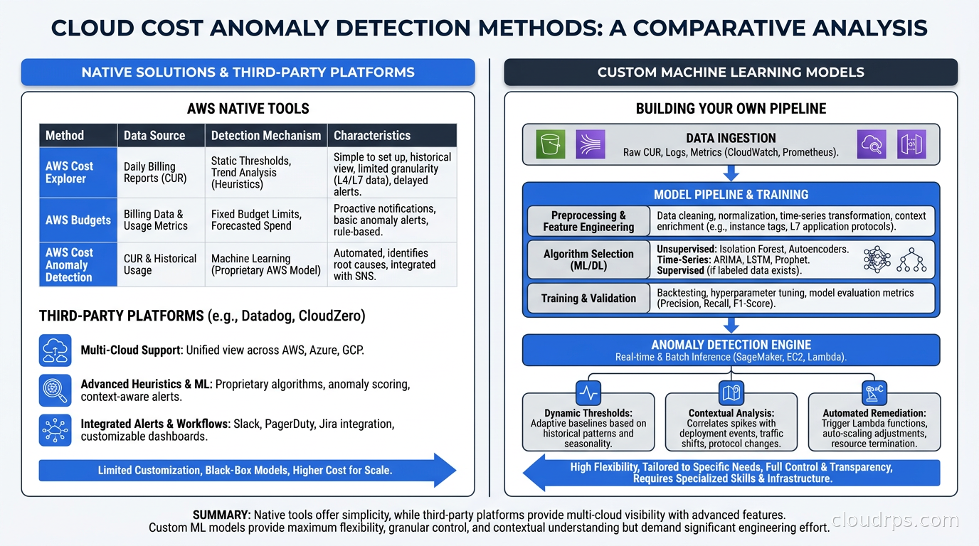 Comparison table of cloud cost anomaly detection methods showing AWS native, third-party platforms, and custom ML models across key dimensions