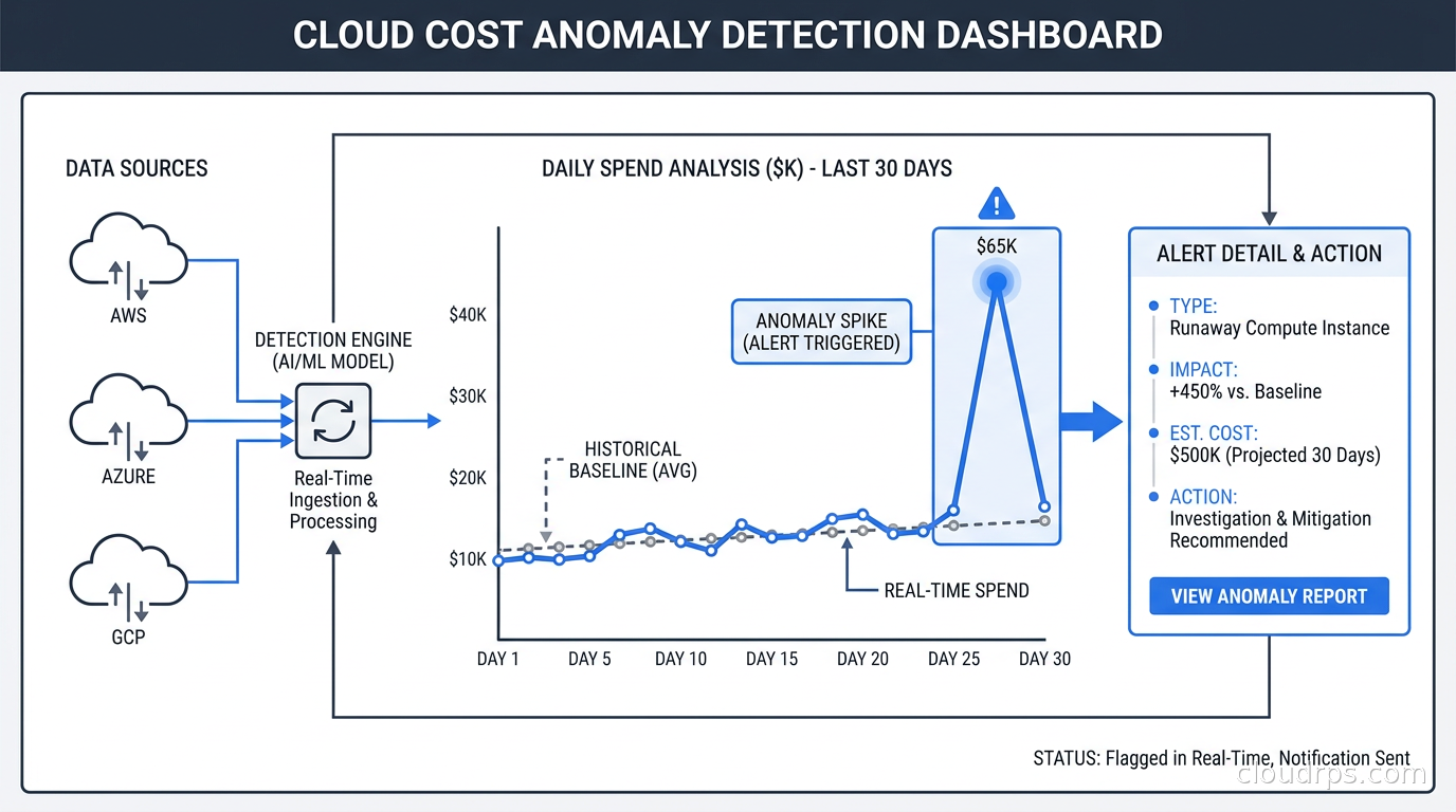 Cloud cost anomaly detection dashboard showing a spend spike being flagged in real time against a historical baseline