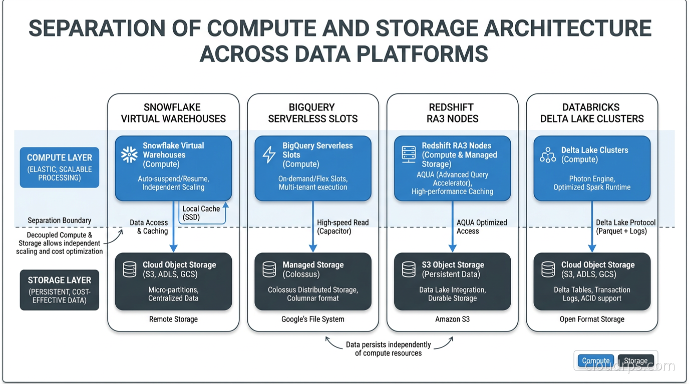Architecture diagram showing how compute and storage are separated across Snowflake virtual warehouses, BigQuery serverless slots, Redshift RA3 nodes, and Databricks Delta Lake clusters