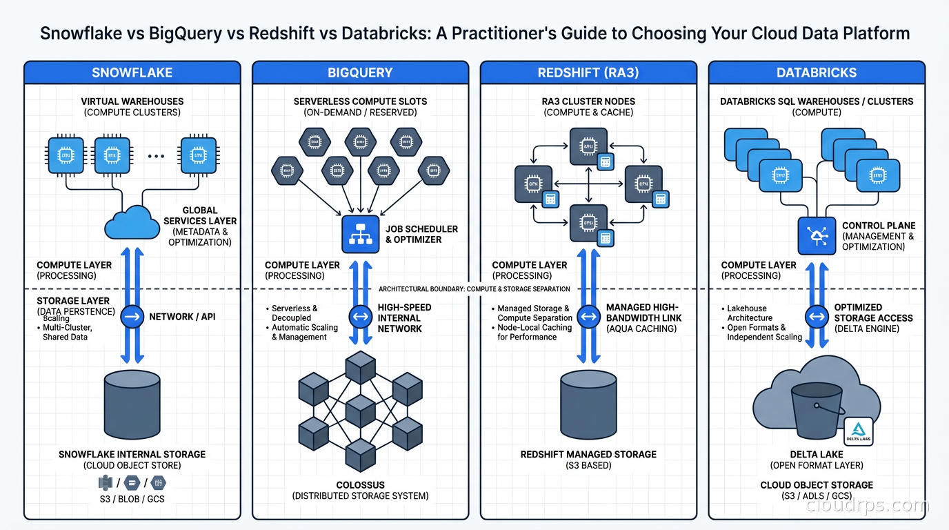 Architectural diagram comparing Snowflake, BigQuery, Redshift, and Databricks compute and storage separation models
