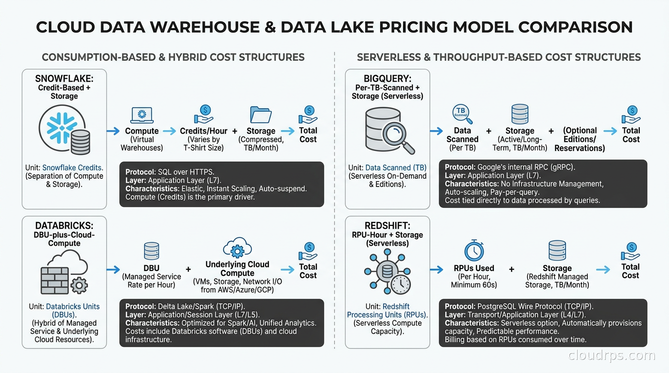 Pricing model comparison showing Snowflake credit-based, BigQuery per-TB-scanned, Redshift RPU-hour, and Databricks DBU-plus-cloud-compute cost structures