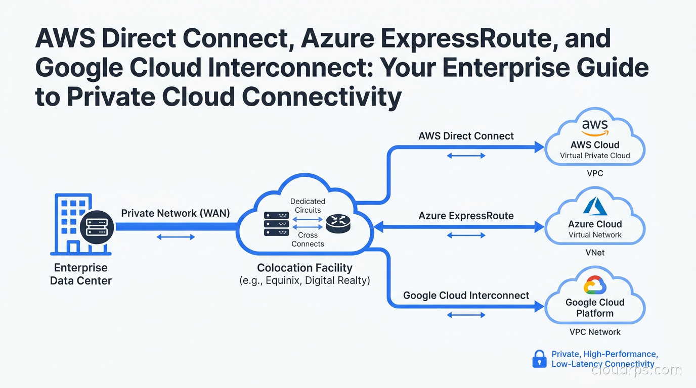 Network diagram showing private dedicated circuits connecting an enterprise data center to AWS, Azure, and Google Cloud through colocation facilities
