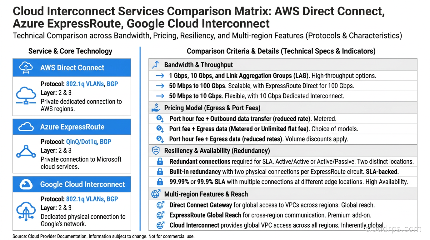 Comparison matrix of AWS Direct Connect, Azure ExpressRoute, and Google Cloud Interconnect across bandwidth, pricing, resiliency, and multi-region features