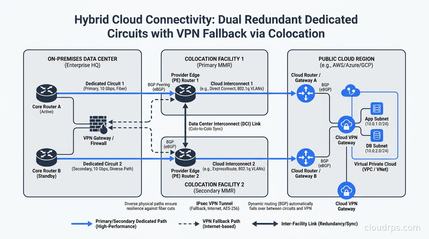 Hybrid cloud connectivity topology with dual redundant dedicated circuits and VPN fallback across colocation facilities