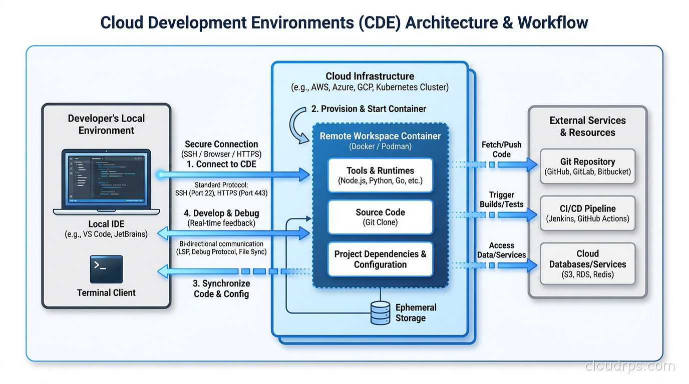 Architecture diagram showing how CDEs work: developer&rsquo;s IDE connects over SSH or browser to a remote workspace container running on cloud infrastructure