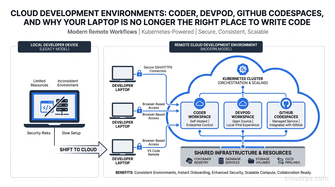 Diagram showing cloud development environments with laptops connecting to remote workspaces on Kubernetes