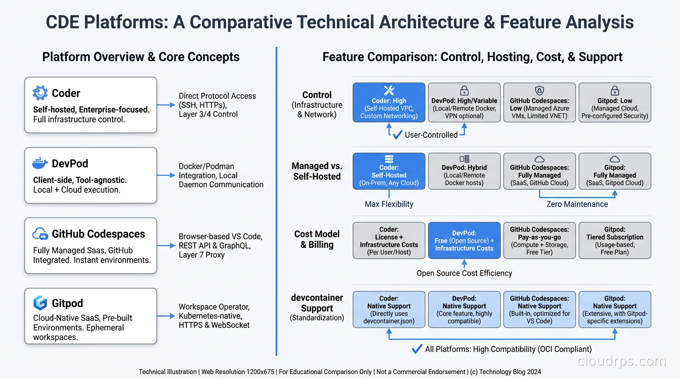 Comparison of CDE platforms showing Coder, DevPod, GitHub Codespaces, and Gitpod across dimensions of control, managed vs self-hosted, cost model, and devcontainer support