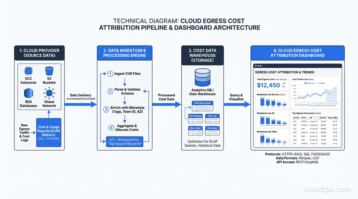 Cloud egress cost attribution dashboard showing breakdown by service, AZ, and team with trend lines
