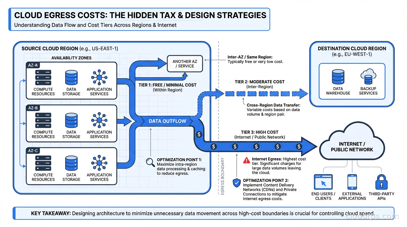 Architecture diagram showing cloud data flows and egress cost tiers across availability zones, regions, and the internet