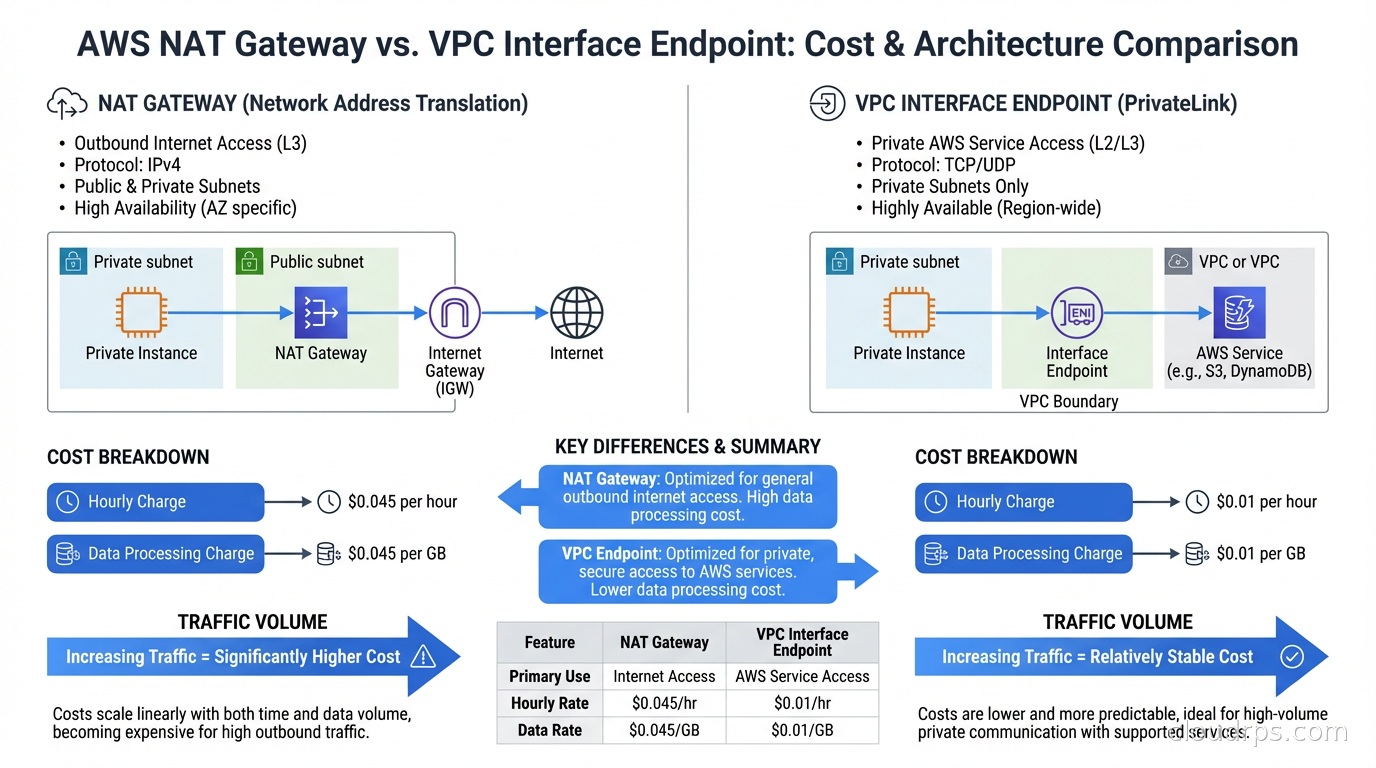 NAT Gateway versus VPC Interface Endpoint cost comparison by traffic volume