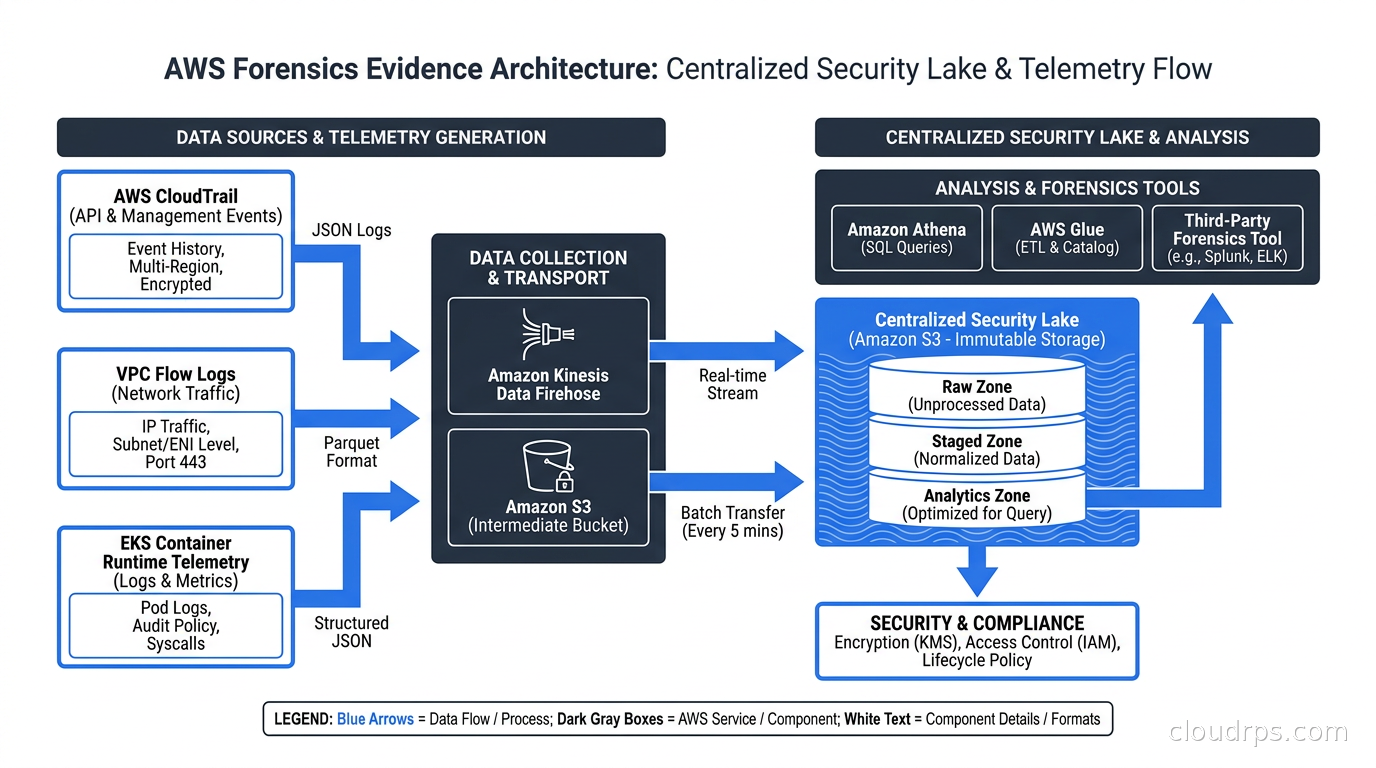 AWS forensics evidence architecture showing CloudTrail, VPC Flow Logs, container runtime telemetry, and centralized security lake
