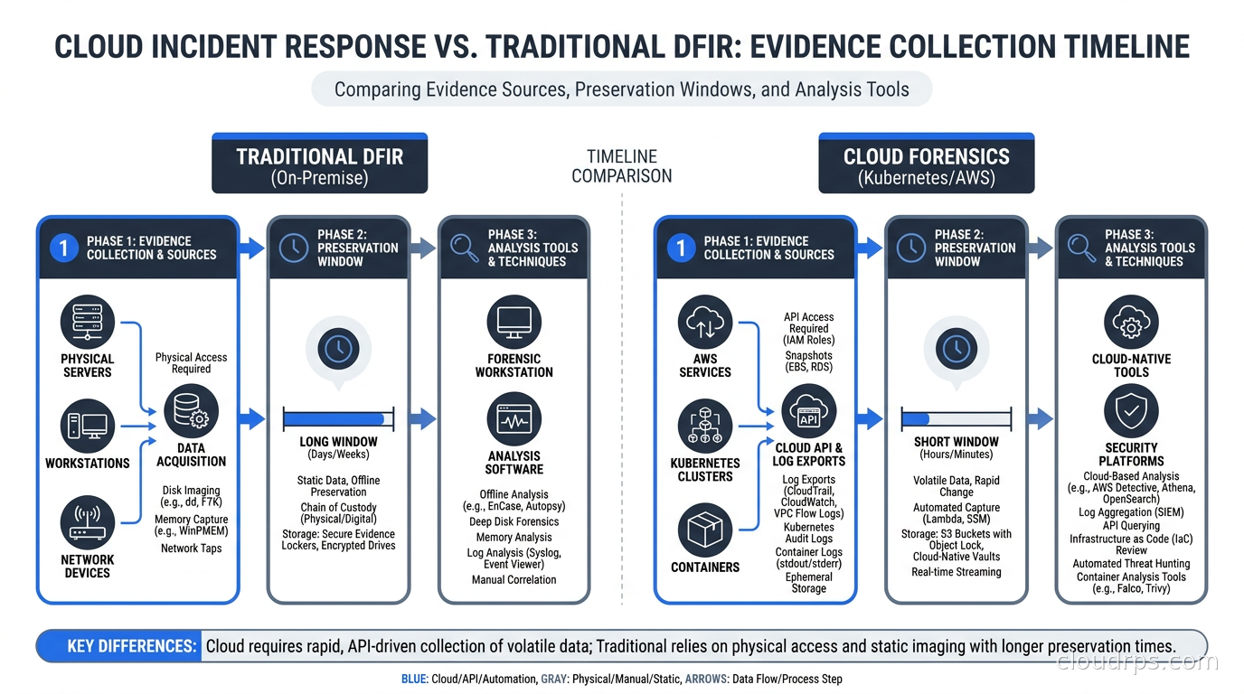 Evidence collection timeline comparing cloud forensics against traditional DFIR: evidence sources, preservation window, and analysis tools at each phase