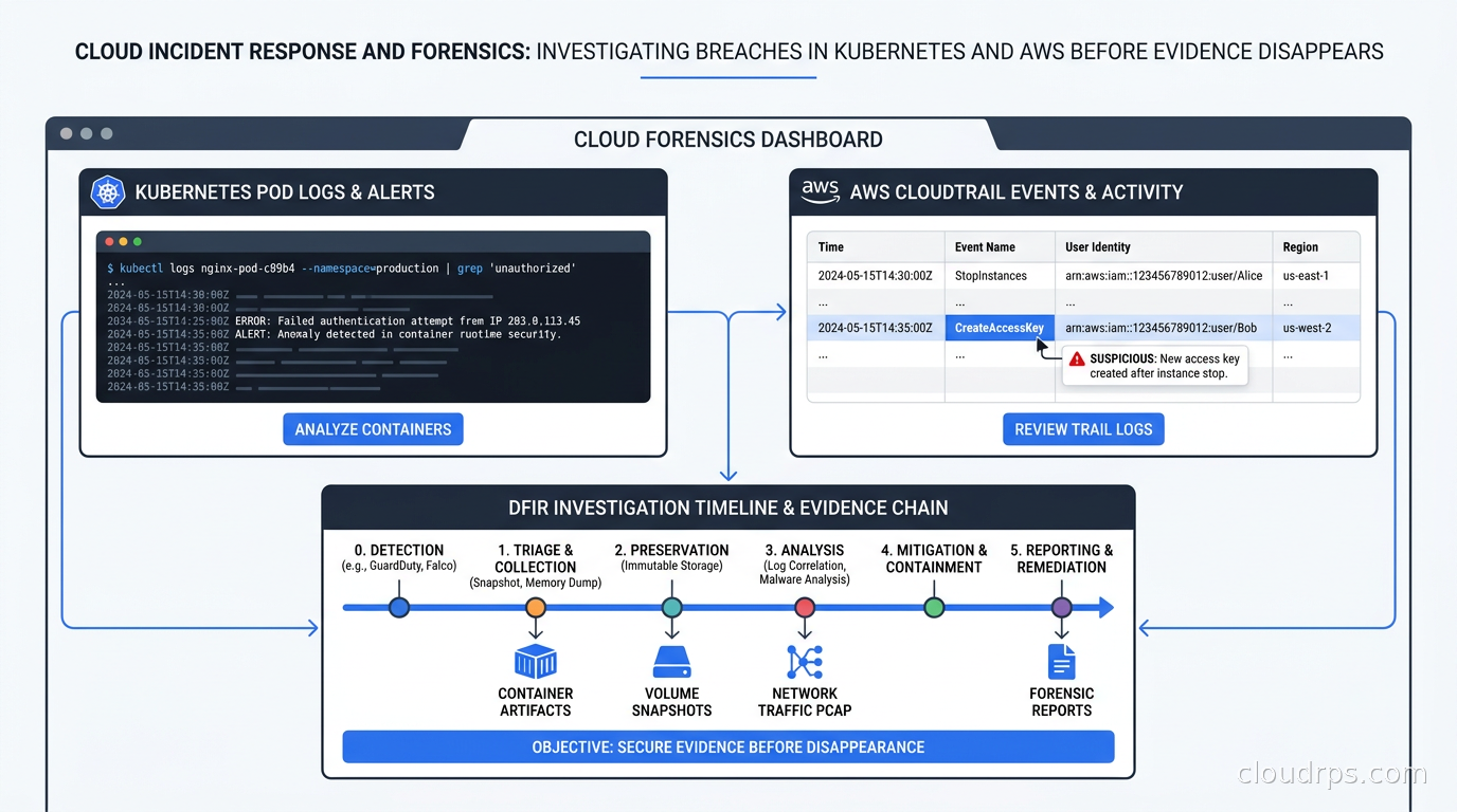 Cloud forensics dashboard showing Kubernetes pod logs, AWS CloudTrail events, and a DFIR investigation timeline
