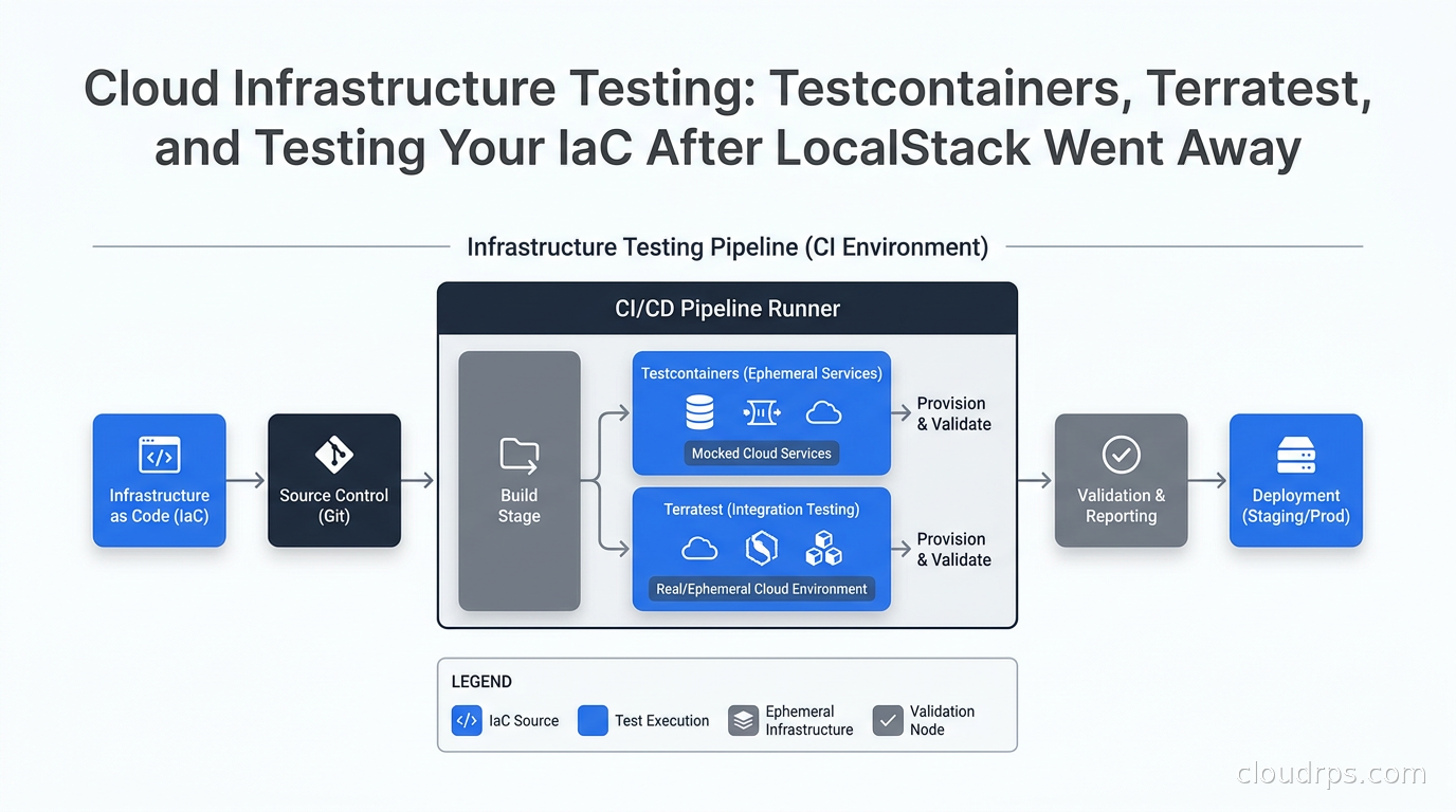 Infrastructure testing pipeline diagram showing Testcontainers and Terratest in a CI environment