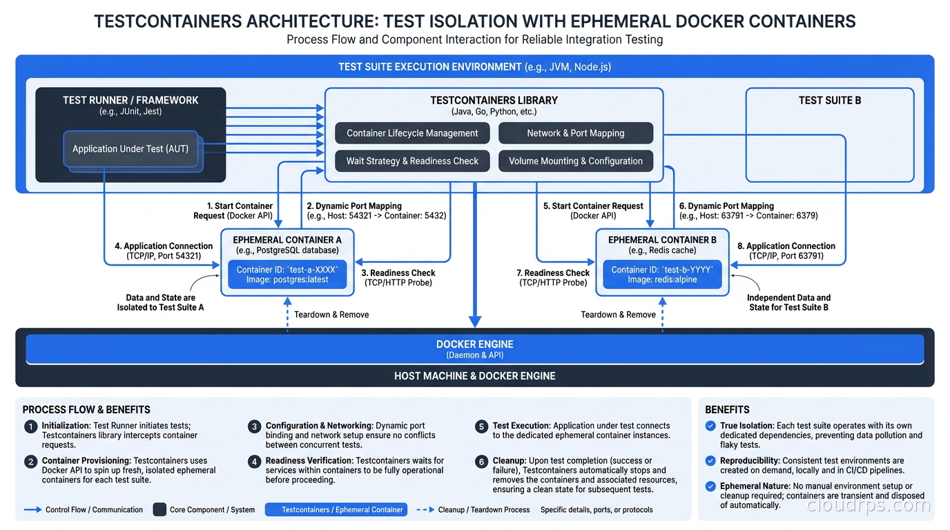 Testcontainers architecture diagram showing test isolation with ephemeral Docker containers per test suite