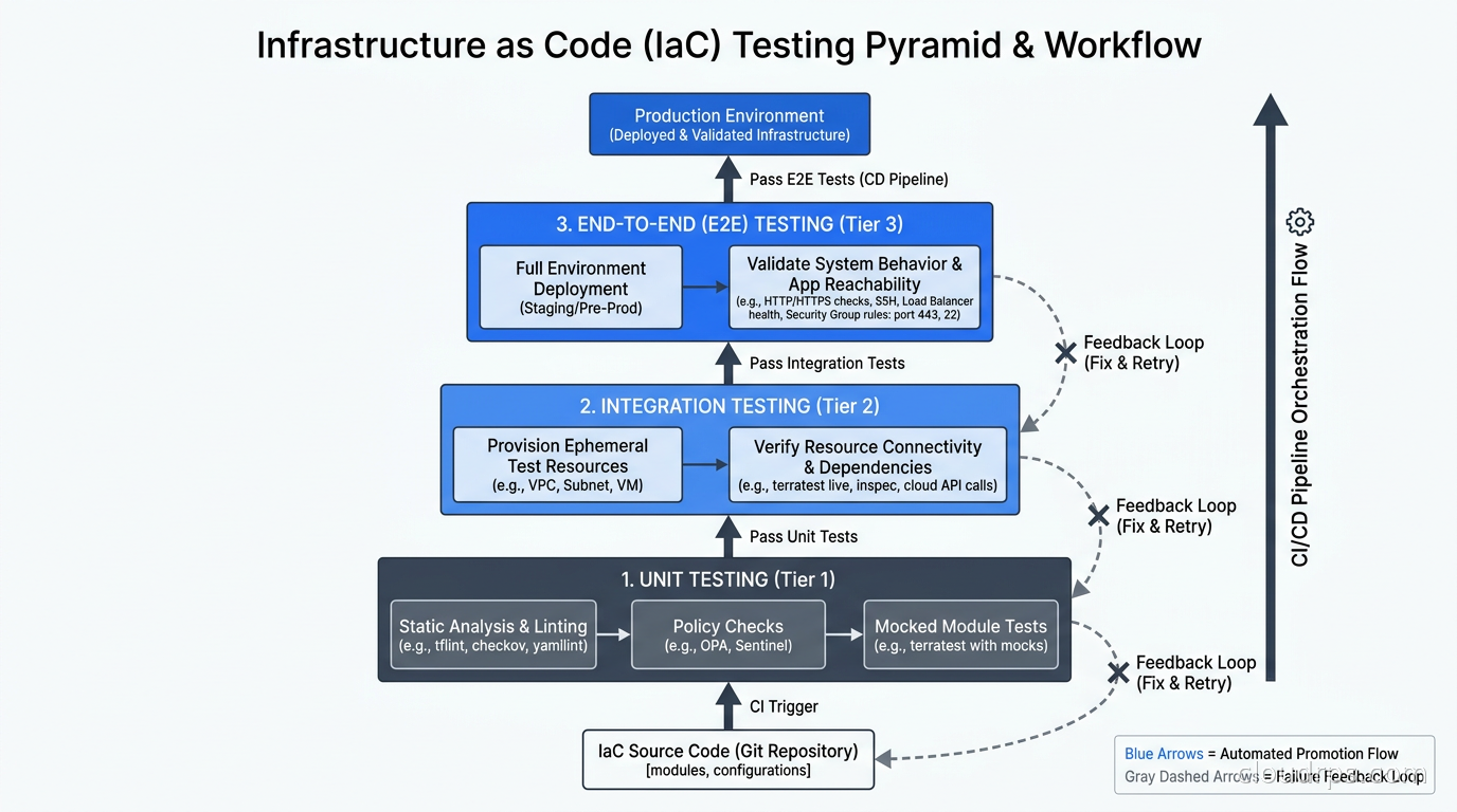 Infrastructure testing pyramid for cloud IaC, showing unit, integration, and end-to-end tiers
