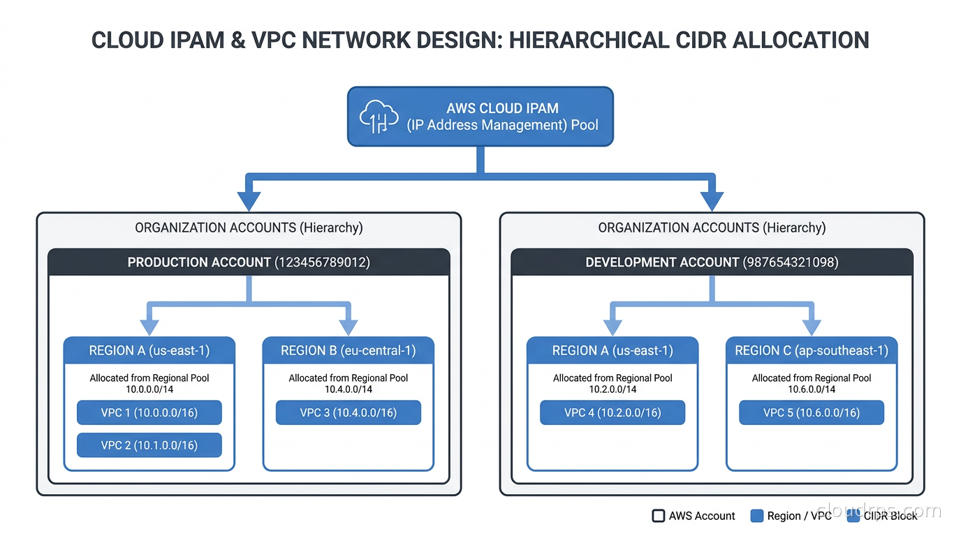 Diagram showing hierarchical cloud VPC CIDR allocation across multiple AWS accounts and regions