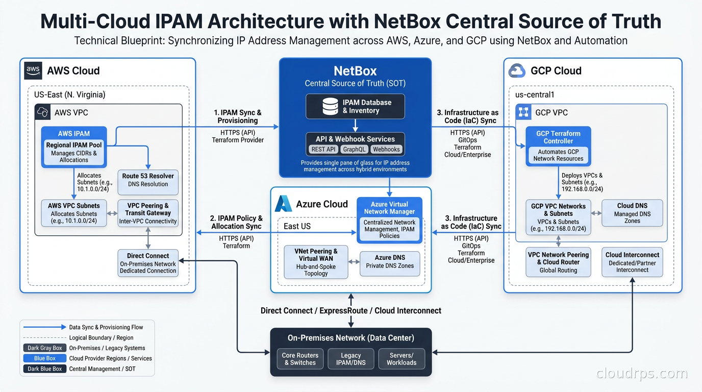 Architecture diagram of multi-cloud IPAM with NetBox as central source of truth syncing to AWS IPAM, Azure Virtual Network Manager, and GCP Terraform