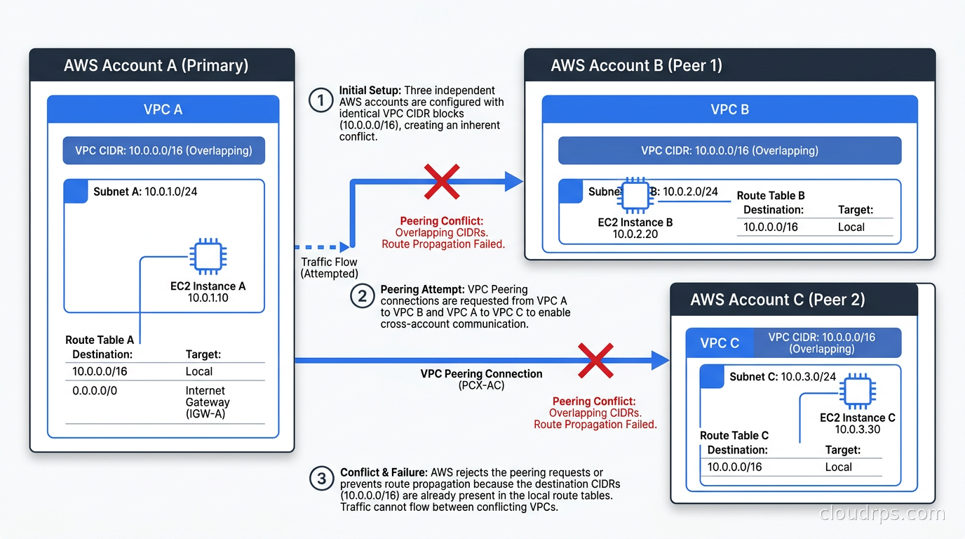 Diagram showing three AWS accounts with overlapping 10.0.0.0/16 CIDRs creating VPC peering conflicts