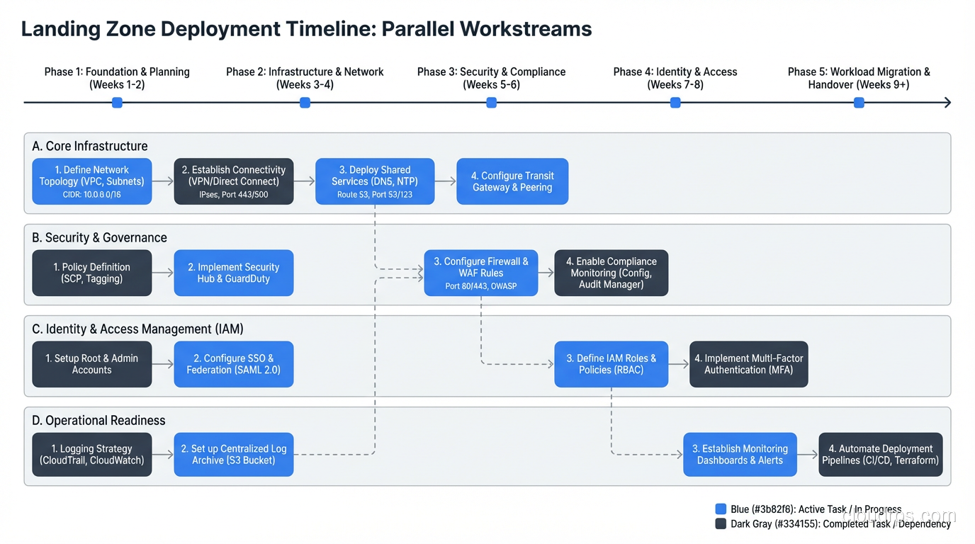 Landing zone deployment timeline showing parallel workstreams
