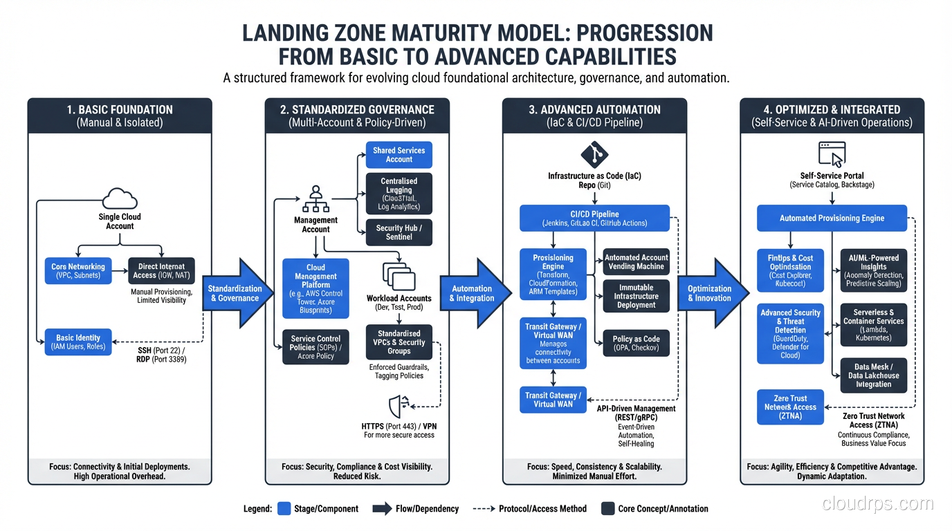 Landing zone maturity model showing progression from basic to advanced capabilities