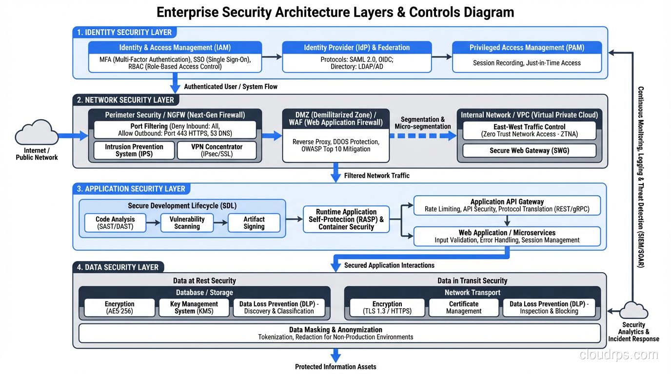Security architecture layers showing identity, network, application, and data security controls