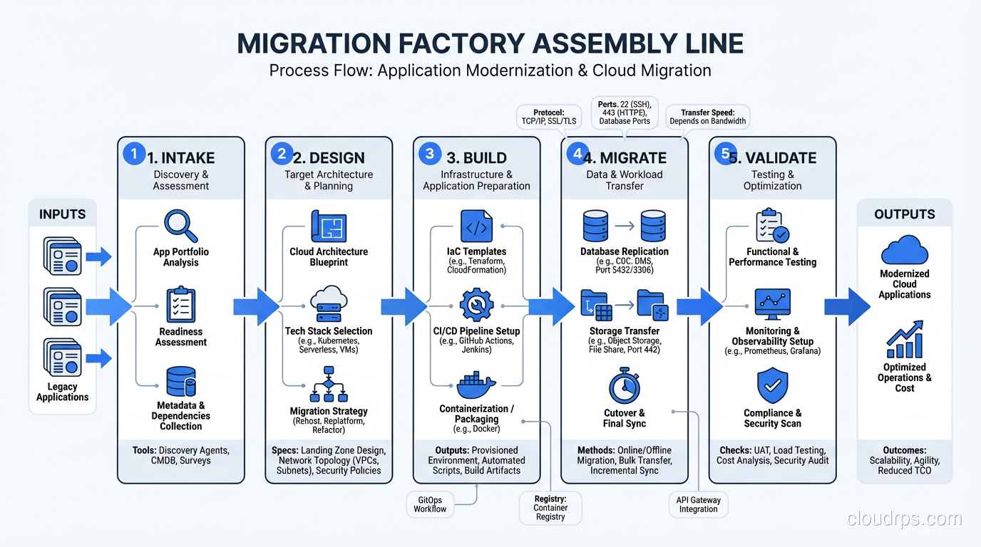 Migration factory assembly line showing applications flowing through intake, design, build, migrate, and validate stages