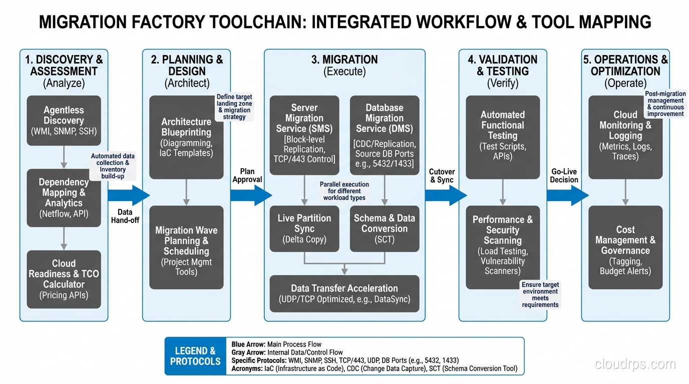 Migration factory toolchain showing tools mapped to each factory stage