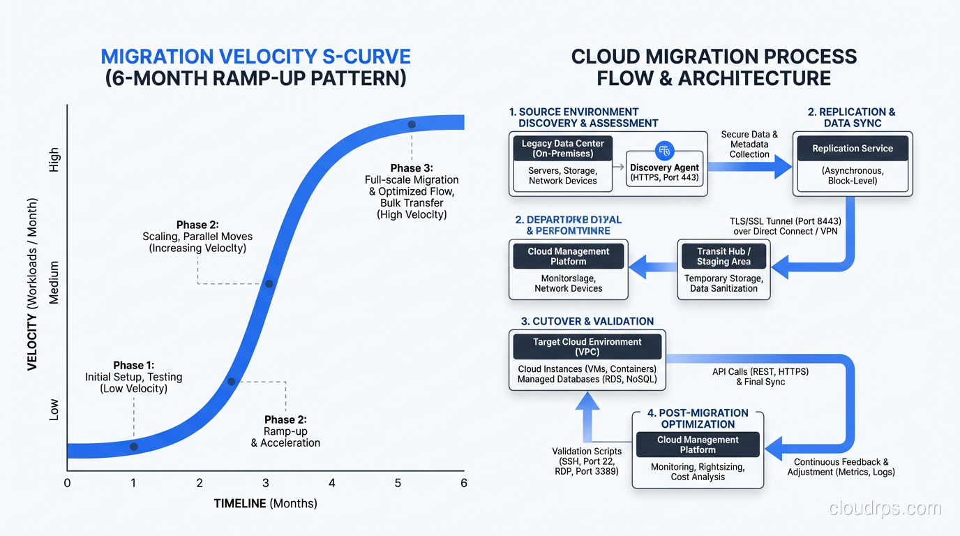 Migration velocity S-curve showing typical ramp-up pattern over a six-month period