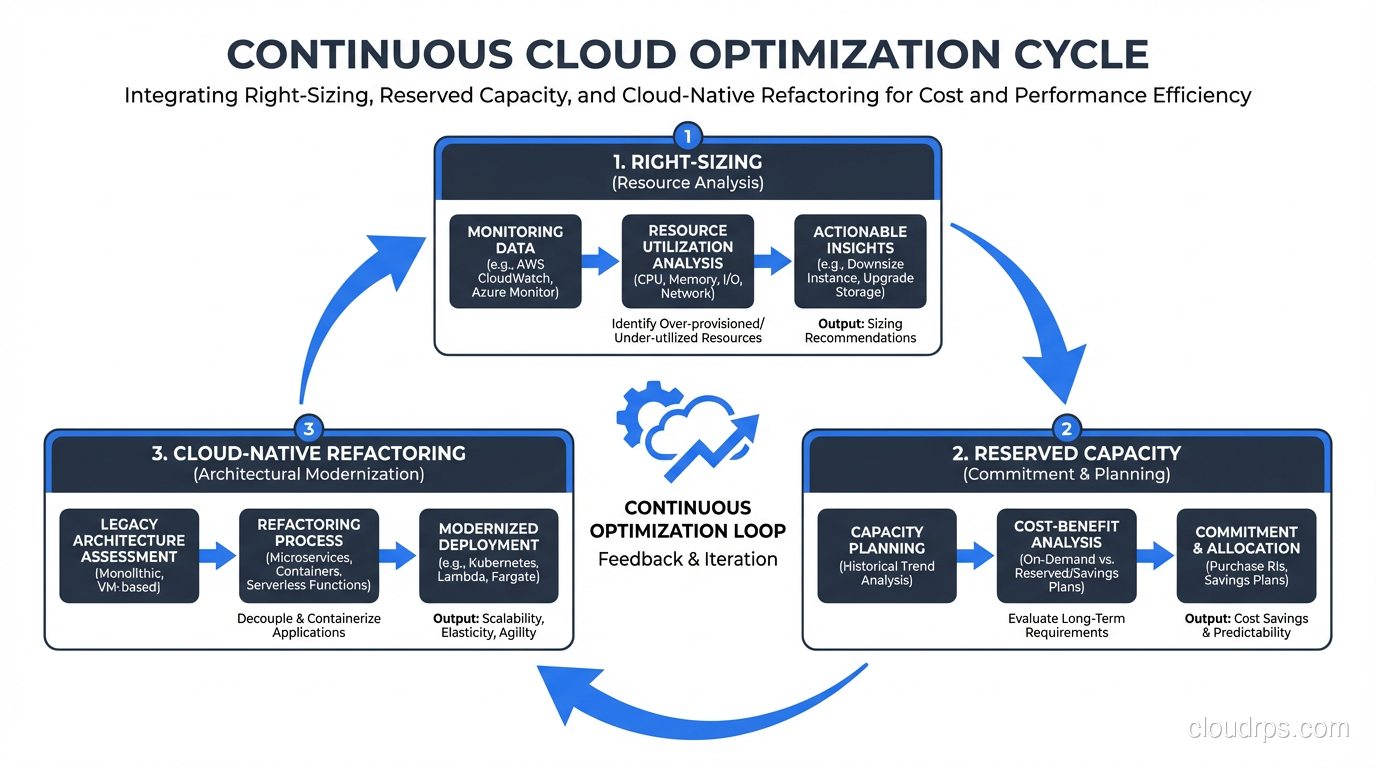Optimization cycle showing right-sizing, reserved capacity, and cloud-native refactoring
