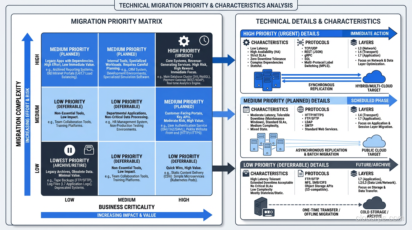 Migration priority matrix showing business criticality vs migration complexity