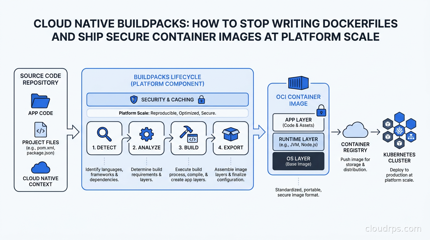 Diagram showing Cloud Native Buildpacks lifecycle transforming source code into OCI container images