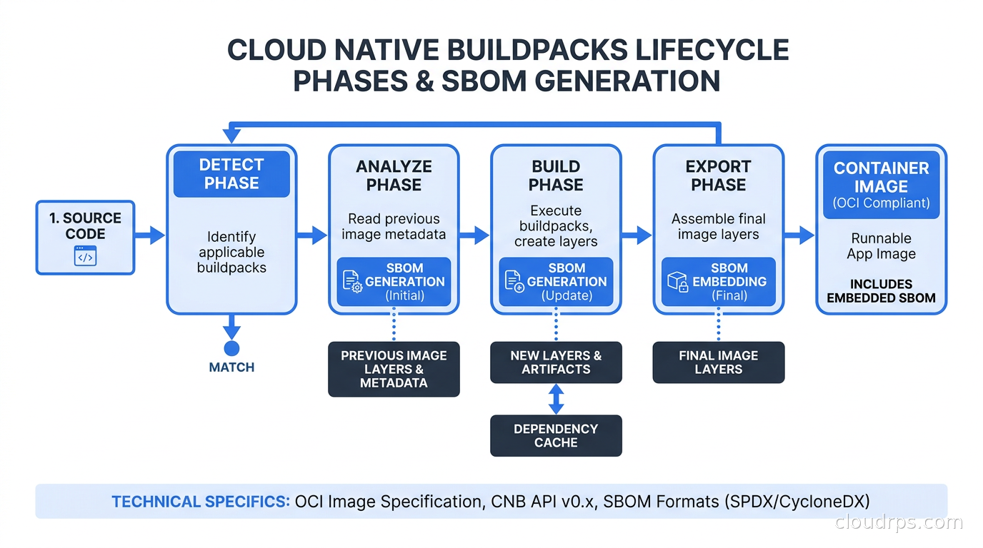 Cloud Native Buildpacks lifecycle phases diagram showing detect, analyze, build, and export with SBOM generation