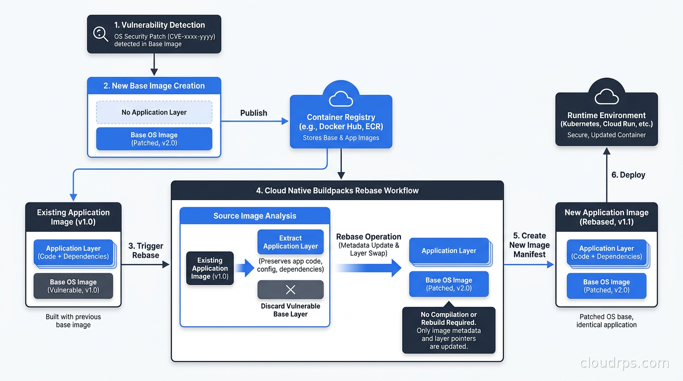 Cloud Native Buildpacks rebase workflow showing how OS base image patching propagates to application images without full rebuilds