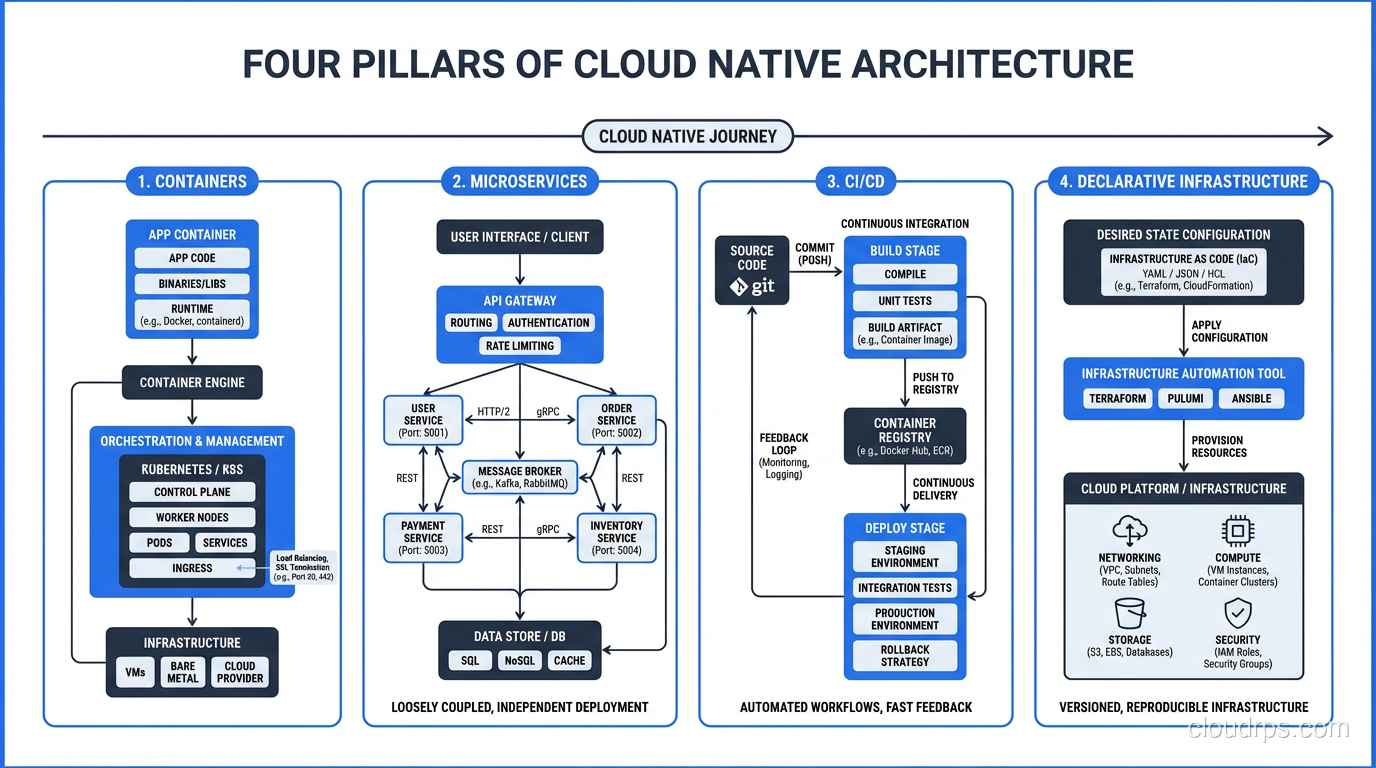 Four pillars of cloud native: containers, microservices, CI/CD, declarative infrastructure