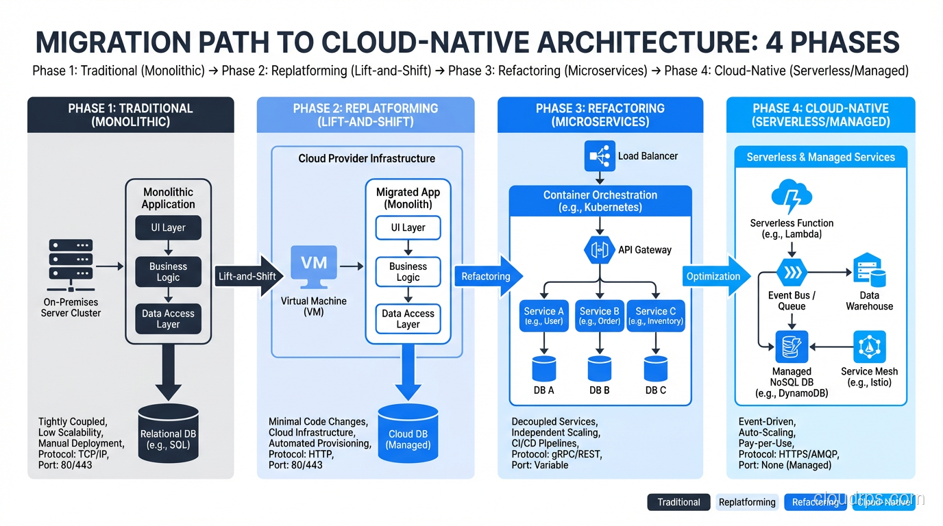 Migration path from traditional to cloud native showing the four phases