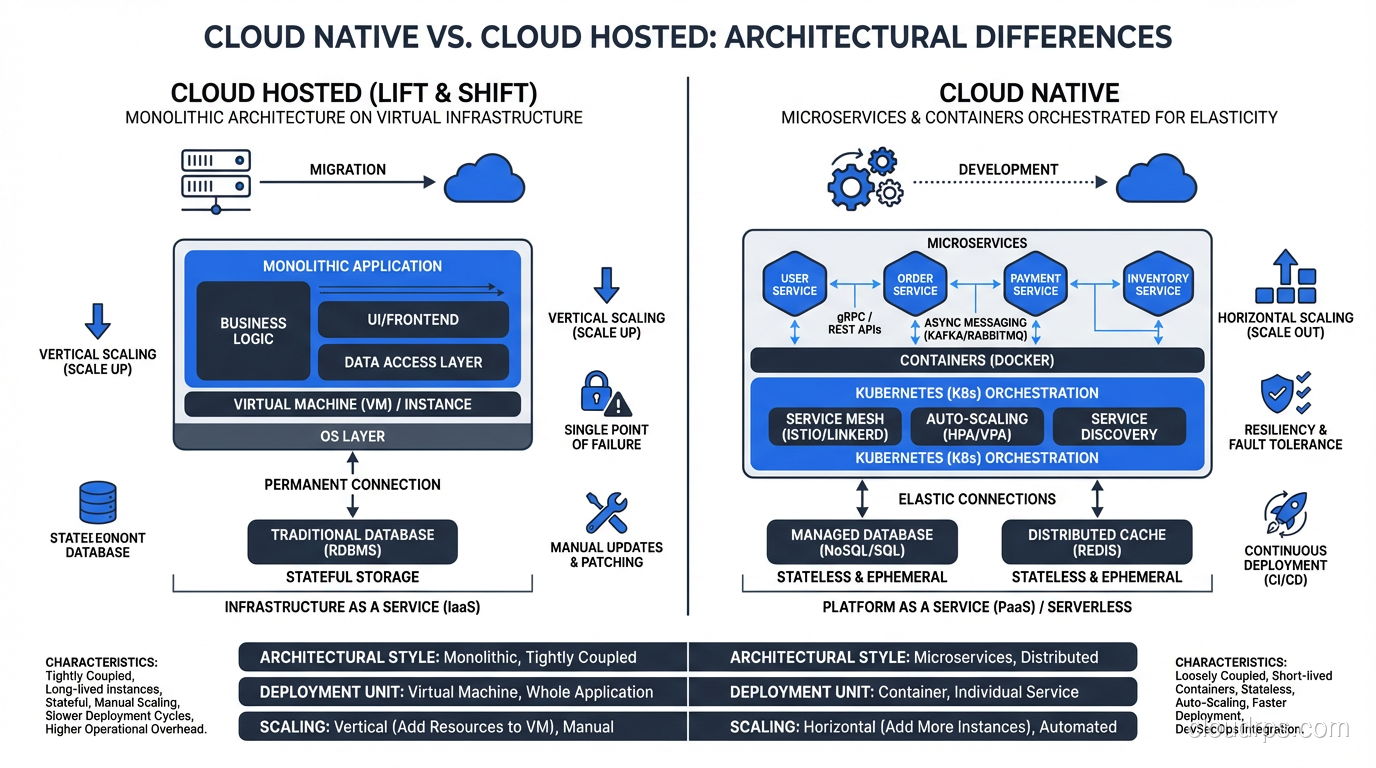 Cloud native vs cloud hosted comparison showing the architectural differences