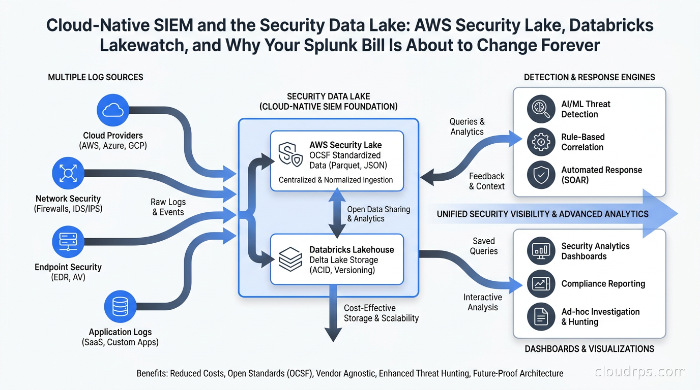 Architecture diagram showing a cloud-native security data lake receiving logs from multiple sources and feeding dashboards and detection engines