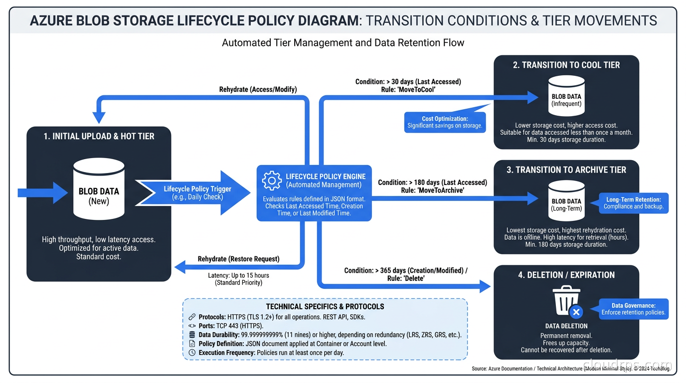 Azure Blob Storage lifecycle policy diagram showing transition conditions and tier movements