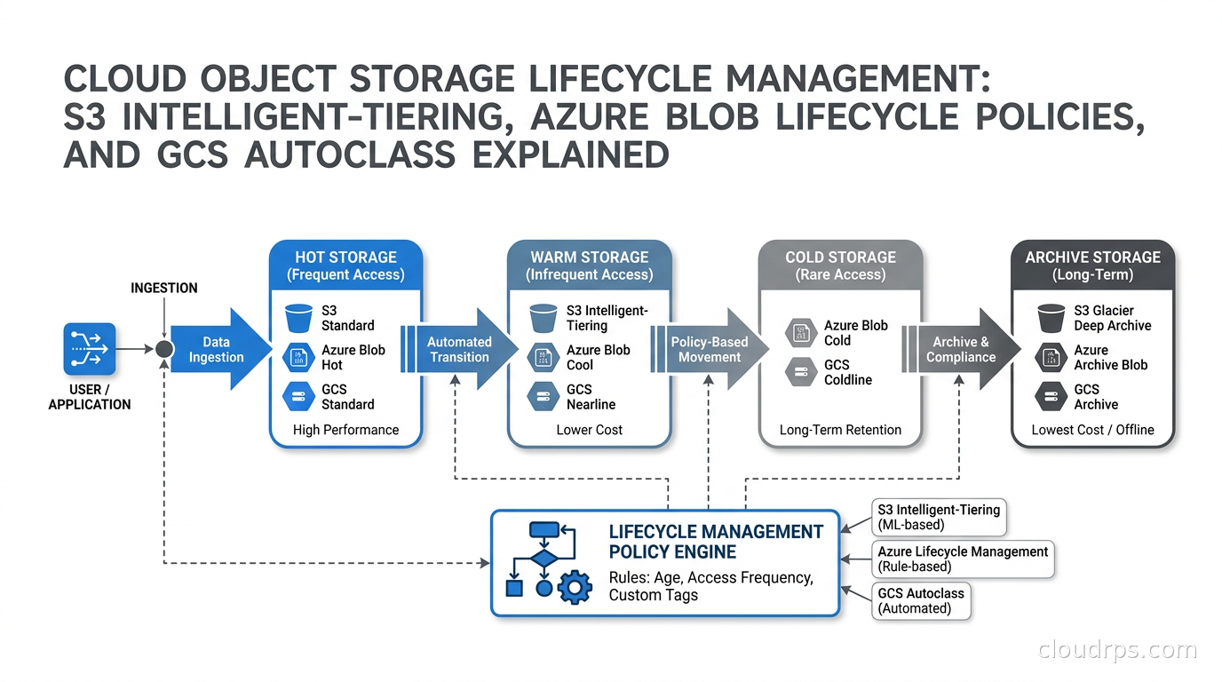 Diagram showing data moving through cloud storage tiers from hot to warm to cold to archive