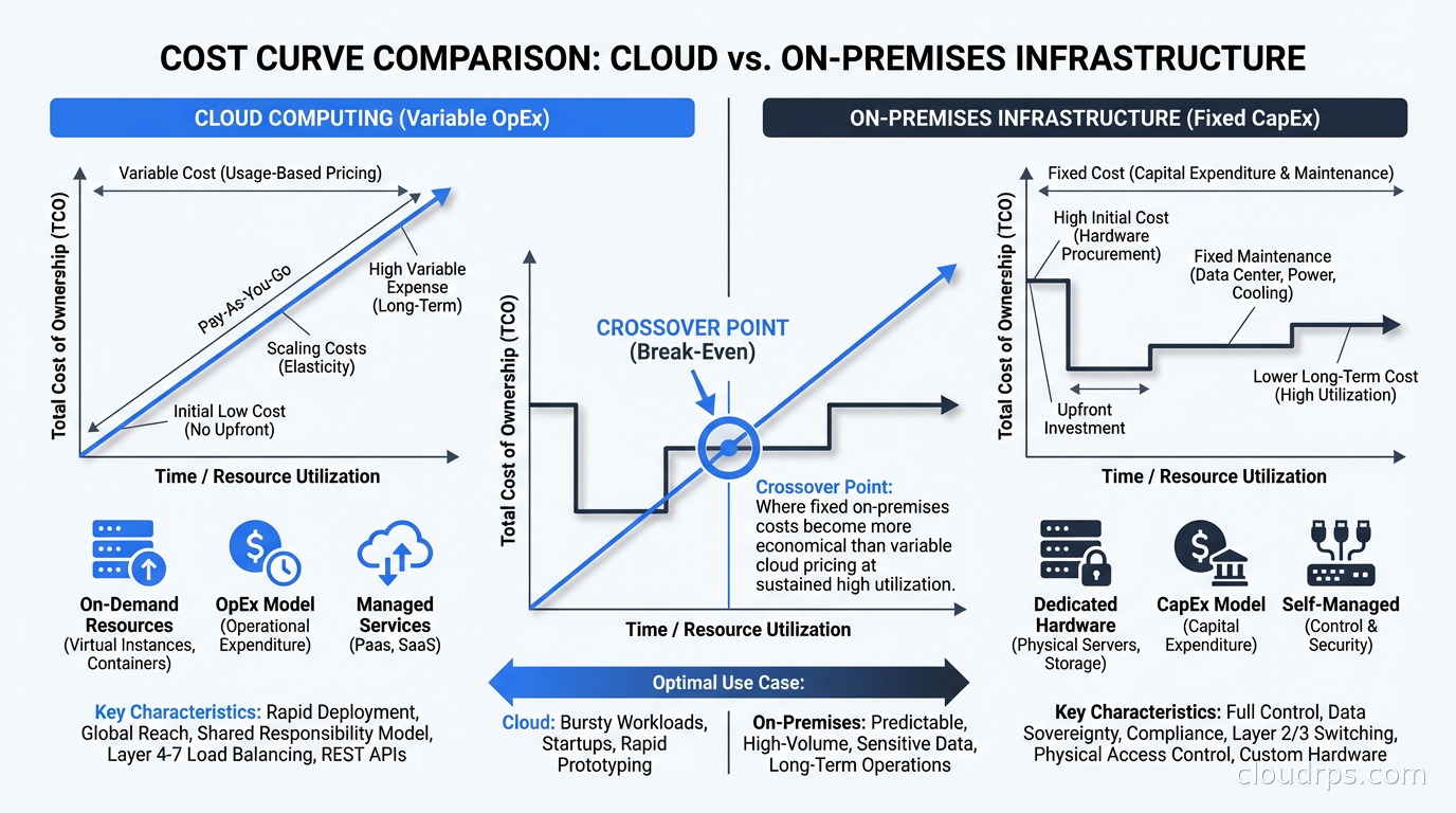 Cloud vs on-premises cost curve showing the crossover point where fixed infrastructure beats variable cloud pricing