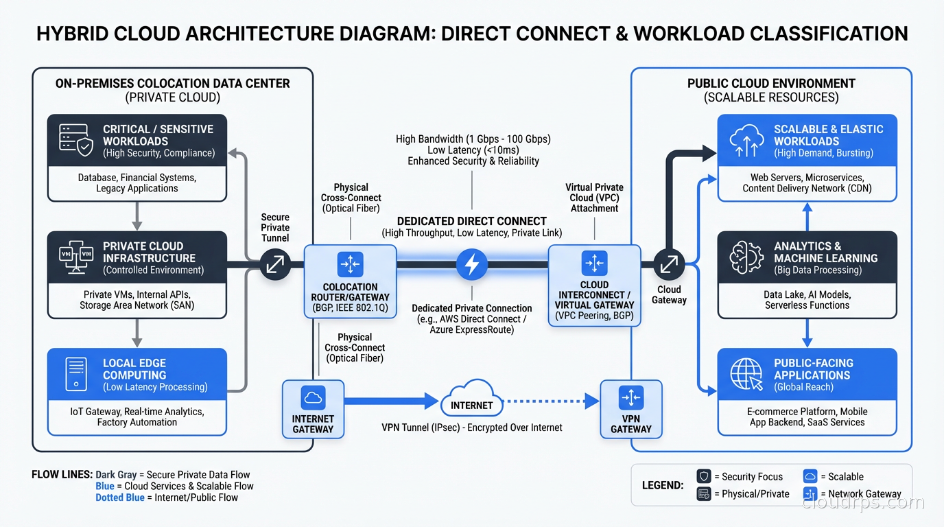 Hybrid cloud architecture diagram showing direct connect between on-premises colocation and public cloud with workload classification