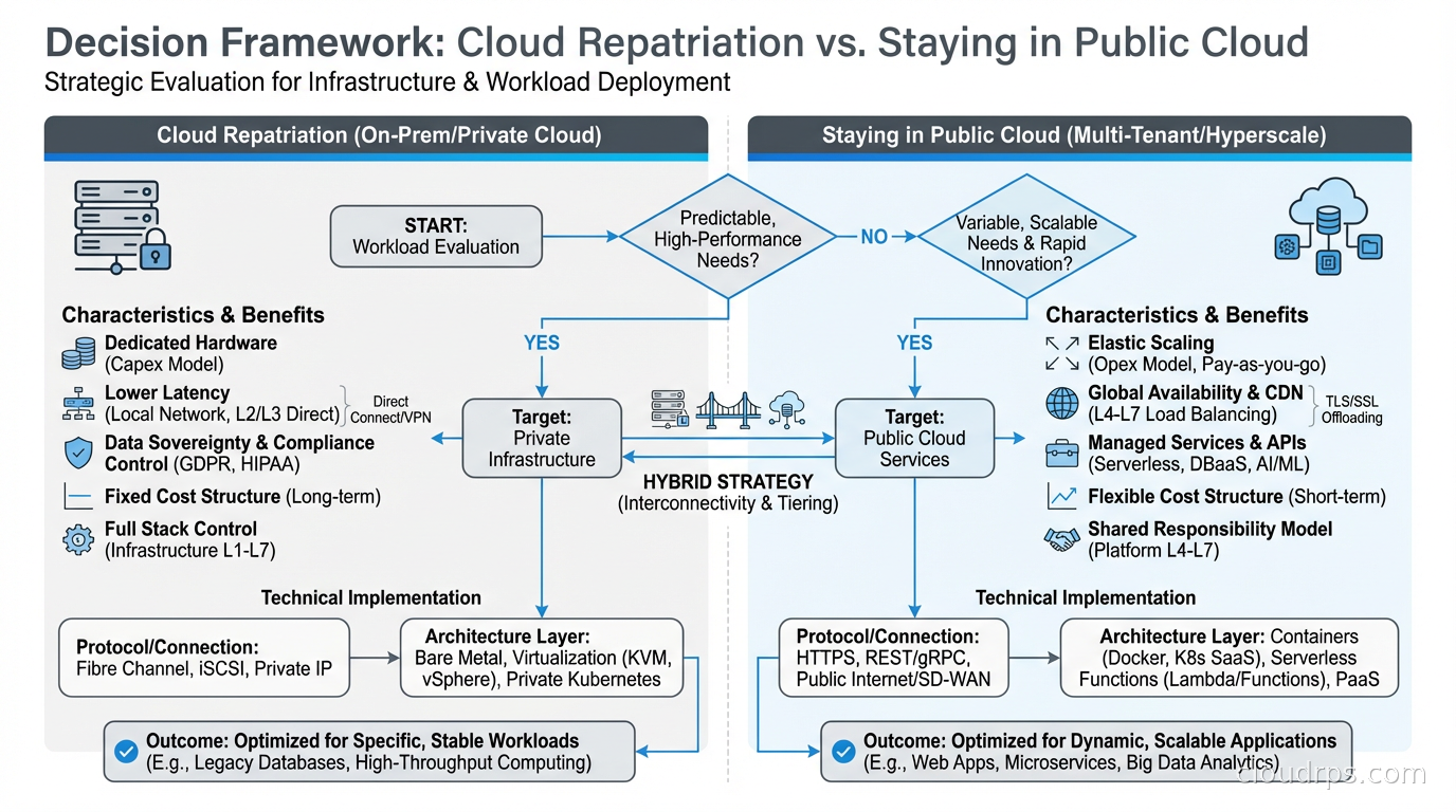 Decision framework flowchart for evaluating cloud repatriation vs staying in public cloud