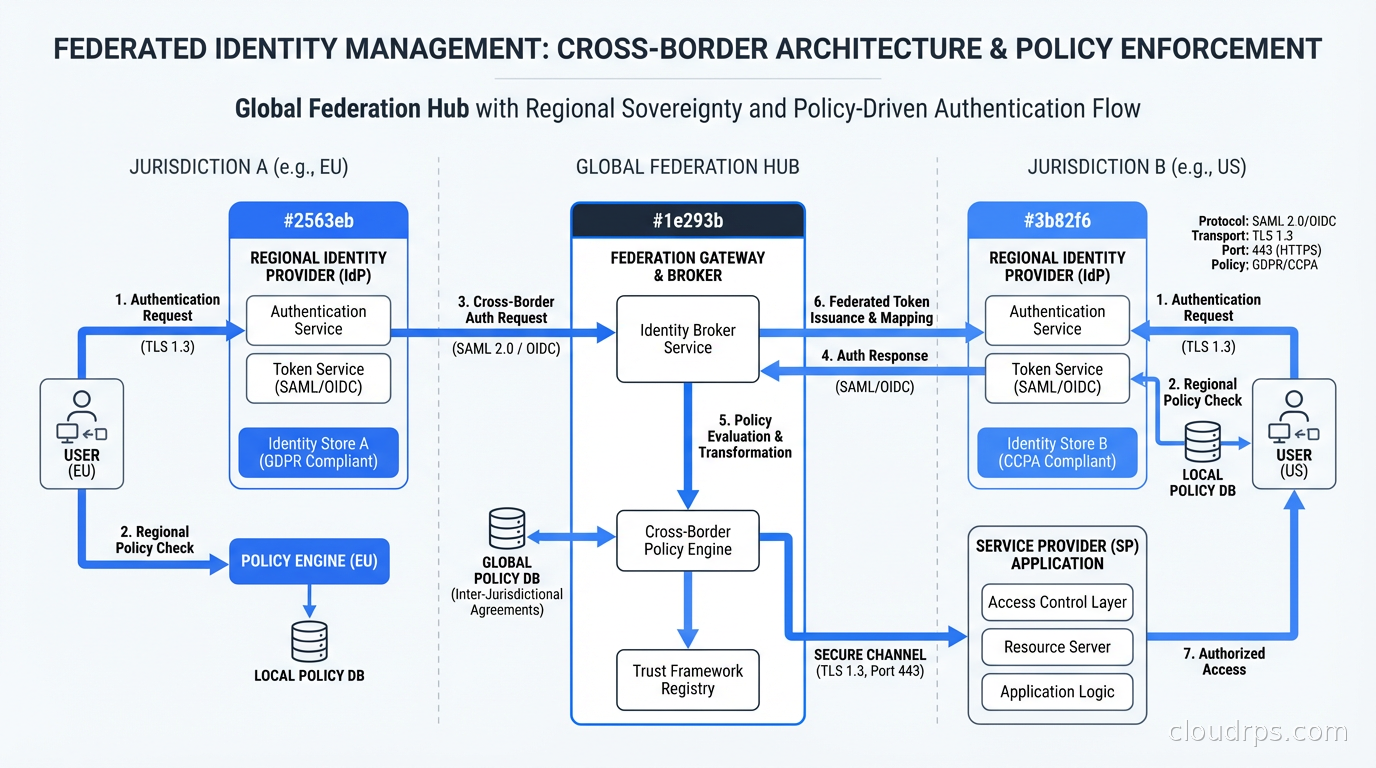Architecture diagram showing federated identity management across jurisdictions with regional identity stores and cross-border authentication policies