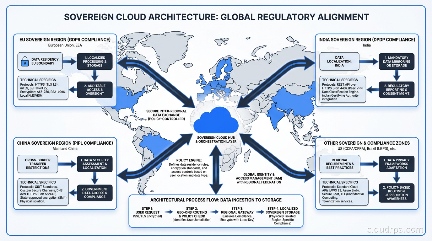 Diagram showing different sovereign cloud regions and their geographic coverage for GDPR, DPDP, PIPL and other regulatory regimes