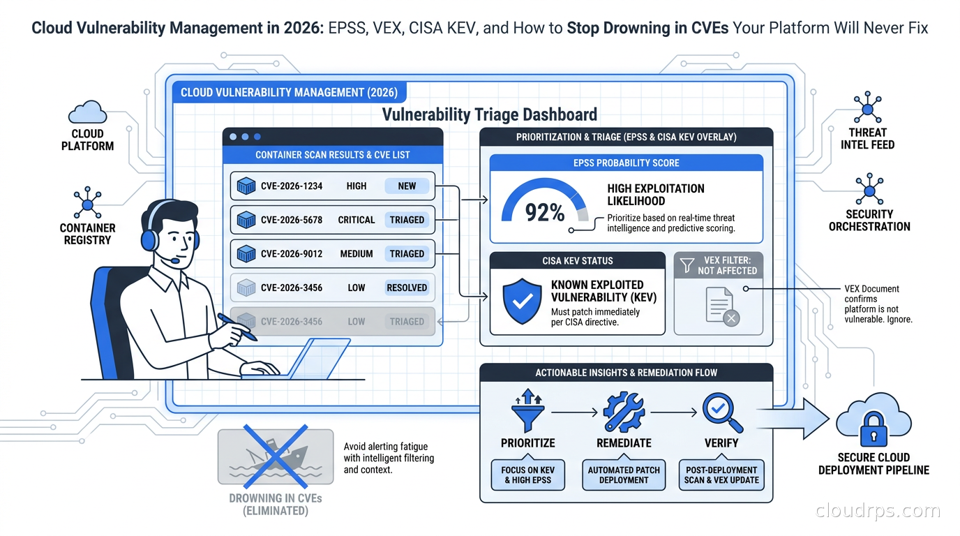 Security engineer reviewing a vulnerability triage dashboard showing EPSS probability scores and CISA KEV status overlaid on container scan results
