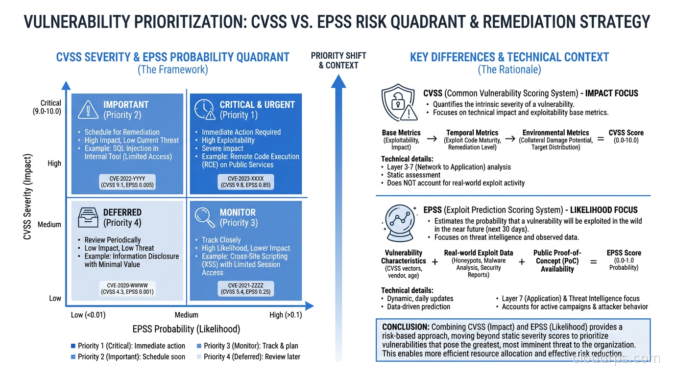 Vulnerability risk quadrant showing CVSS severity on Y-axis versus EPSS probability on X-axis, dividing CVEs into four remediation priority tiers